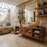Floating Bathroom Vanity with Wave Carved Doors & Open Shelves | Modern Wall Mounted Vanity