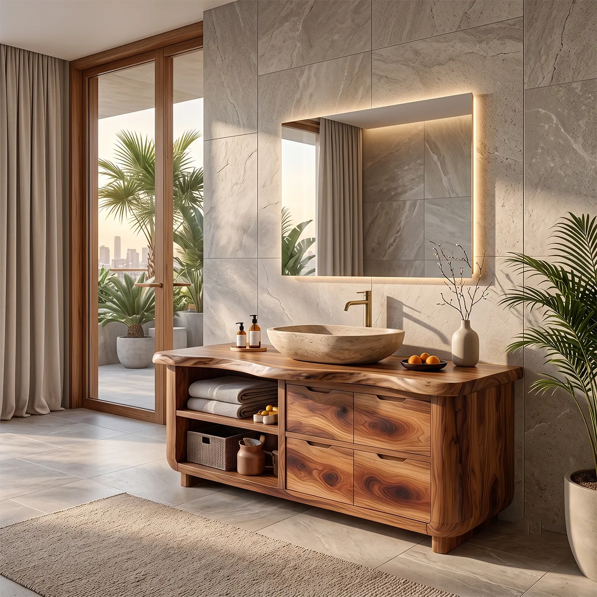 Organic Live Edge Bathroom Vanity with Open Shelving & Storage Drawers TH003-2XFK6JI