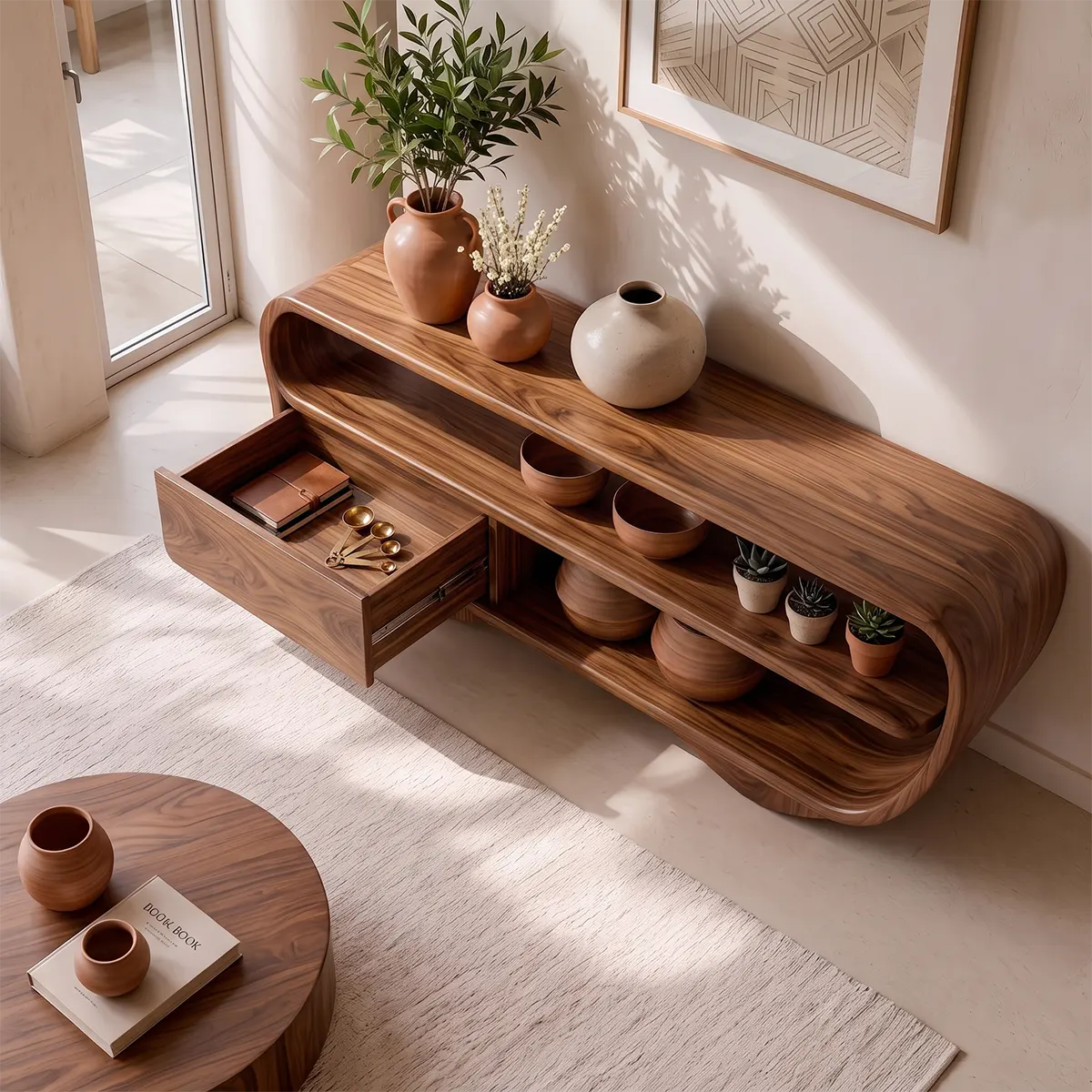 Modern Organic Console Table with Storage Drawer & Open Shelves for Entryway TT006-6372