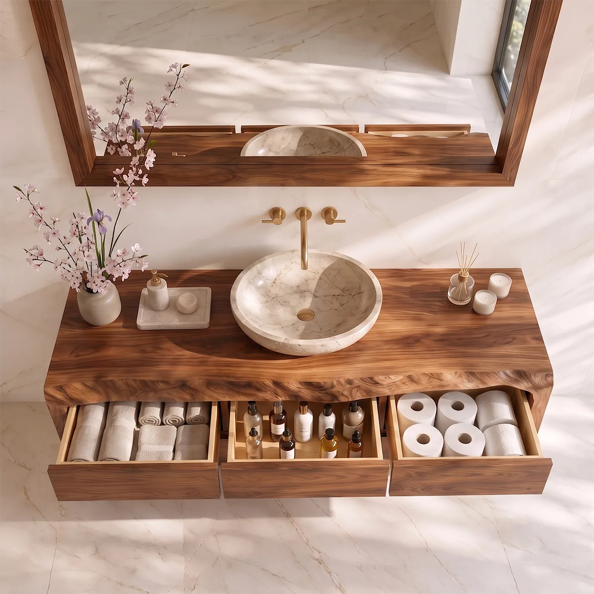 Floating Solid Wood Bathroom Vanity | Live Edge Bathroom Vanity with 3 Soft-Close Drawers and Open Shelf TT006-5FPH5WZ