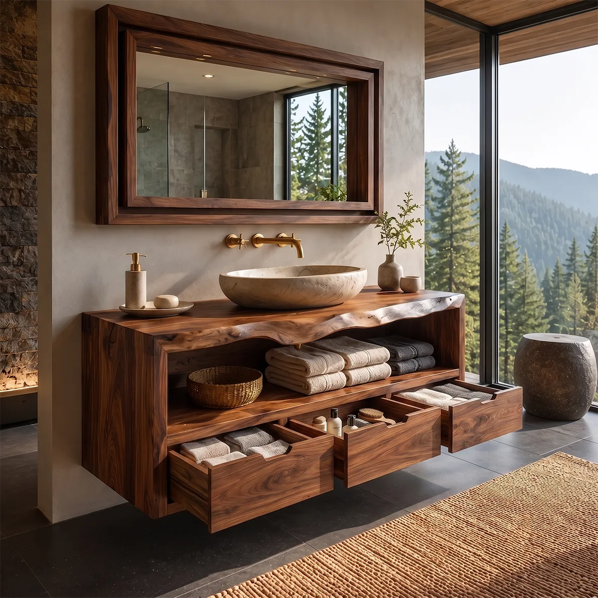 Floating Solid Wood Bathroom Vanity | Live Edge Bathroom Vanity with Three Soft-Close Drawers and Open Shelf TT006-3KMK1JL