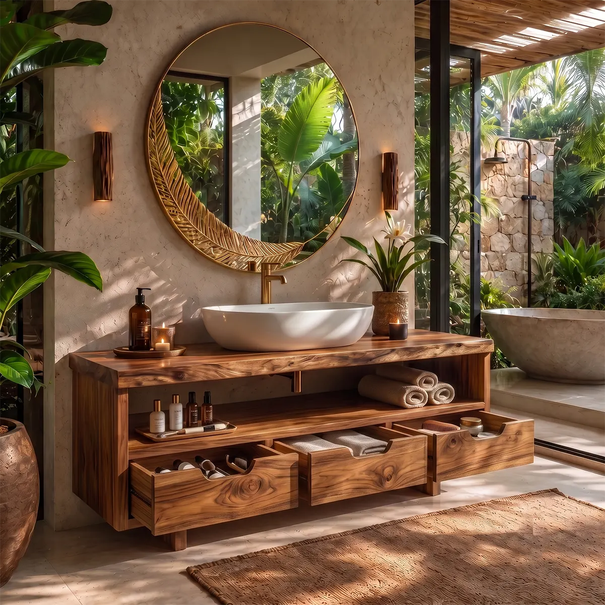 Freestanding Solid Wood Bathroom Vanity | Live Edge Wood Vanity with Open Shelf & Three Drawers TT006-2MDA2PI