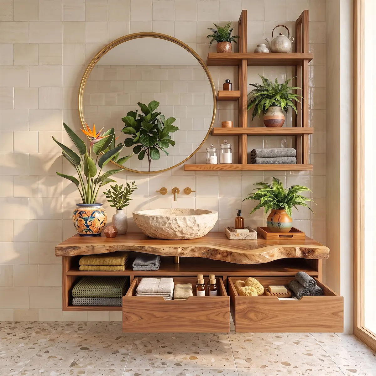 Floating Solid Wood Bathroom Vanity with Drawers & Open Shelves | Wall Mounted Bathroom Vanity with Live Edge Countertop TT006-8CNN1NN