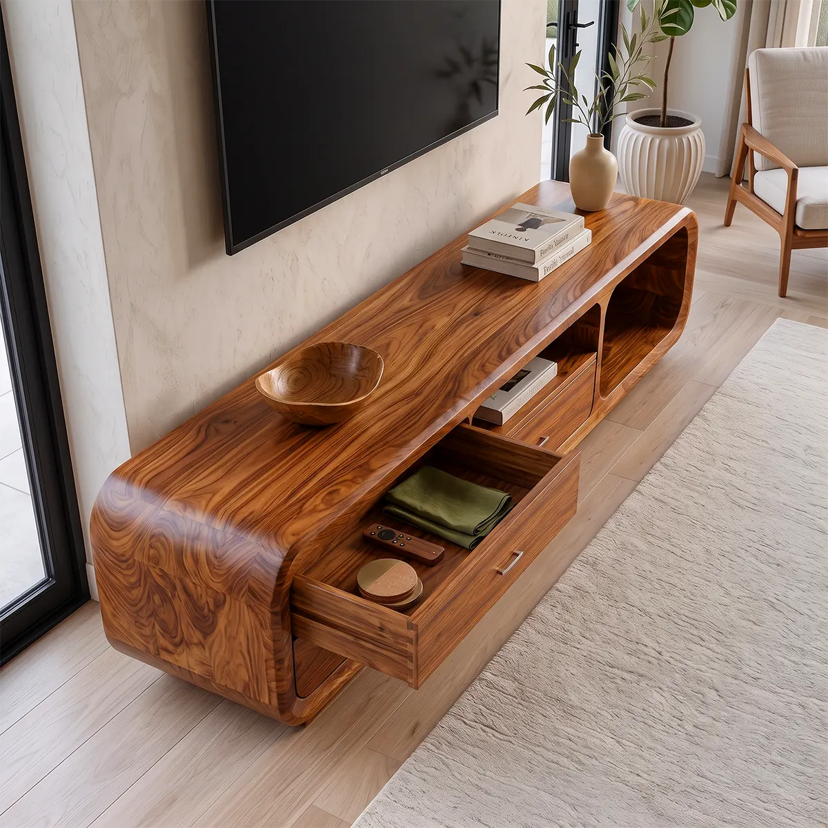 Modern Curved TV Stand with 3 Drawers & Open Media Storage | Sculptural Low Profile Entertainment Console