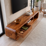 Modern Curved TV Stand with 3 Drawers & Open Media Storage | Sculptural Low Profile Entertainment Console