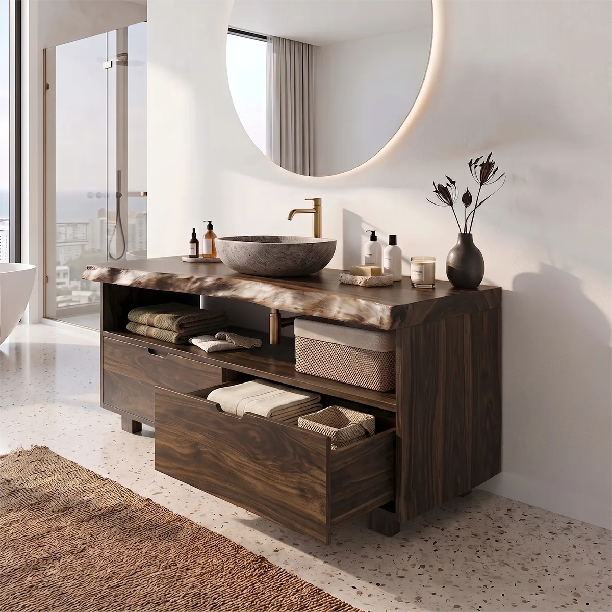 Freestanding Bathroom Vanity with 2 Drawers & Open Shelf | Live Edge Modern Organic Design