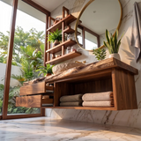 Floating Solid Wood Bathroom Vanity with Drawers & Open Shelf | Wall Mounted Bathroom Vanity with Live Edge Countertop TT006-5OAT6SE