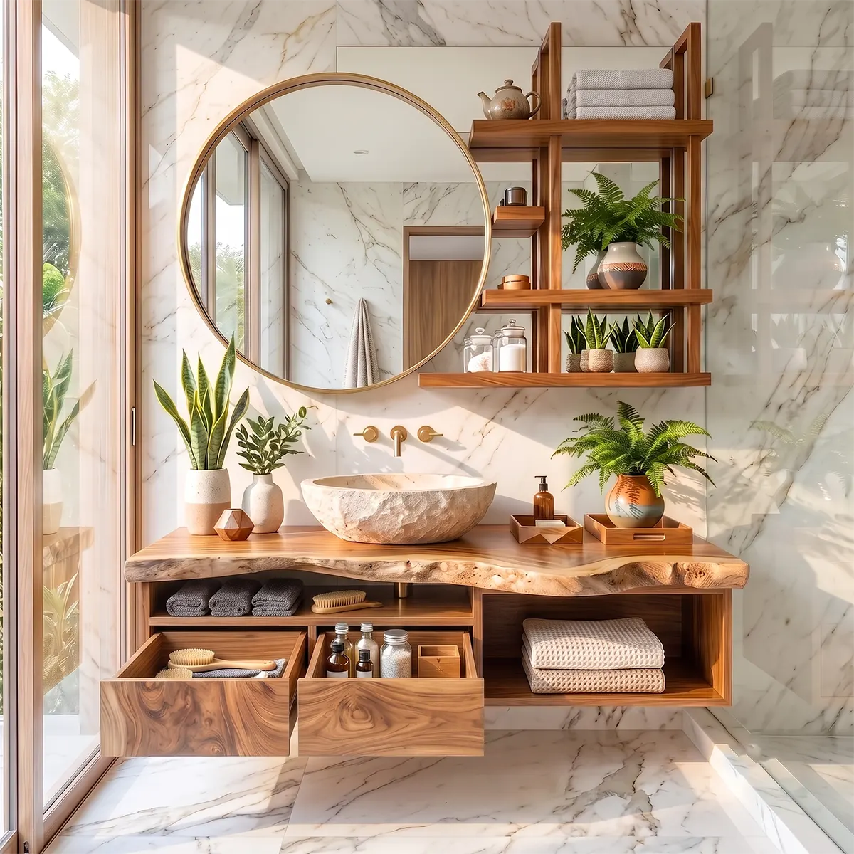 Live Edge Floating Bathroom Vanity with Drawers & Open Shelf | Solid Wood Wall Mounted Bathroom Vanity TT006-9VCQ2QP