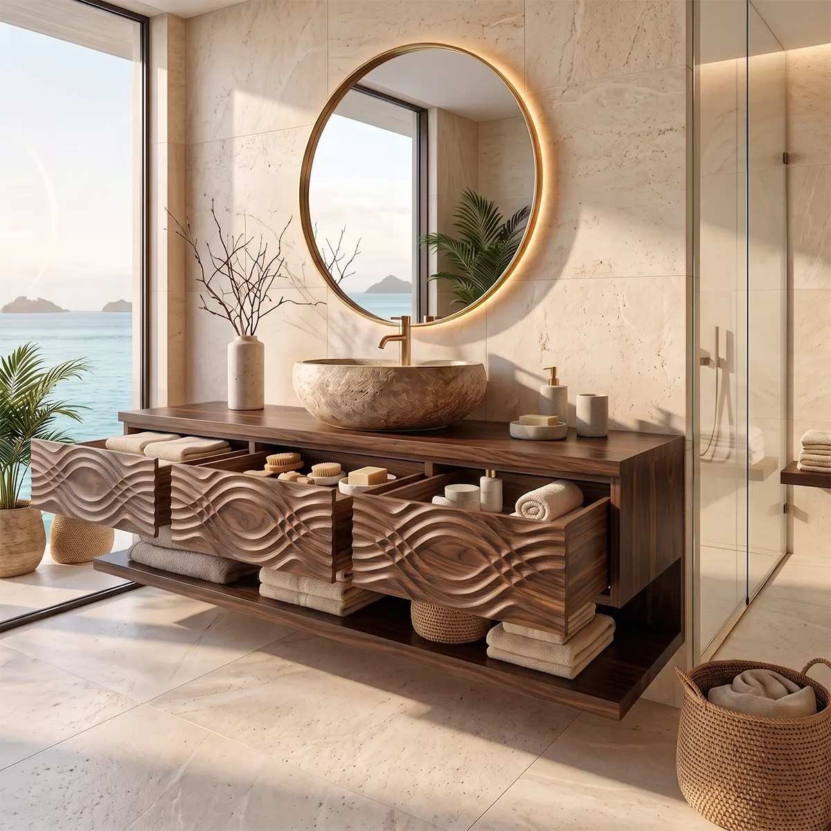 Floating Bathroom Vanity with 3 Drawers & Open Shelf | Carved Wave Front Modern Design
