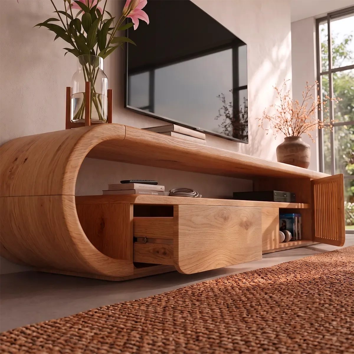 Modern TV Stand with 3 Drawers, Open Shelf & Fluted Cabinet | Curved Media Console