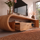 Modern TV Stand with 3 Drawers, Open Shelf & Fluted Cabinet | Curved Media Console