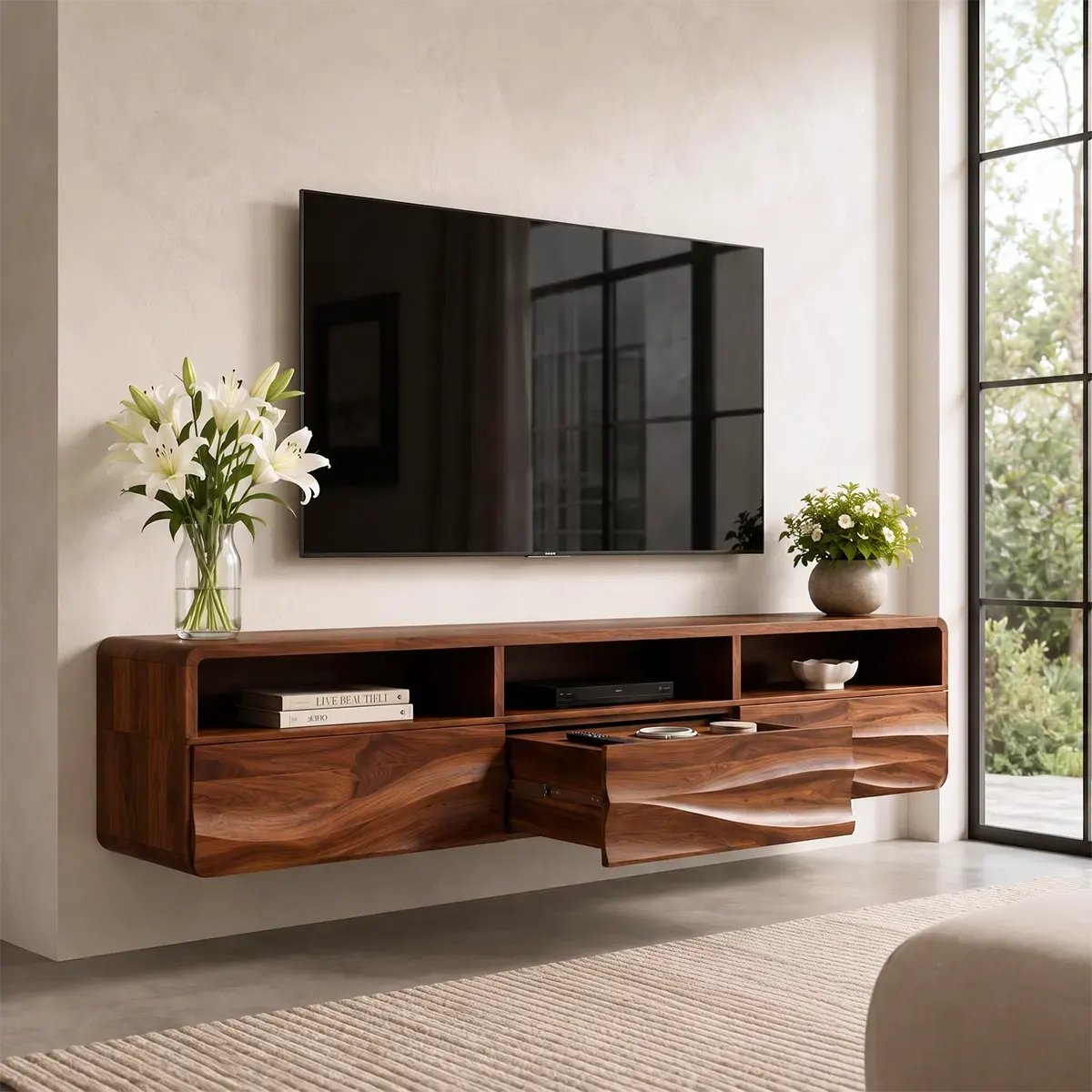 Organic Modern Floating TV Stand with Open Shelving & Three Drawers TT006-8JIK6GK