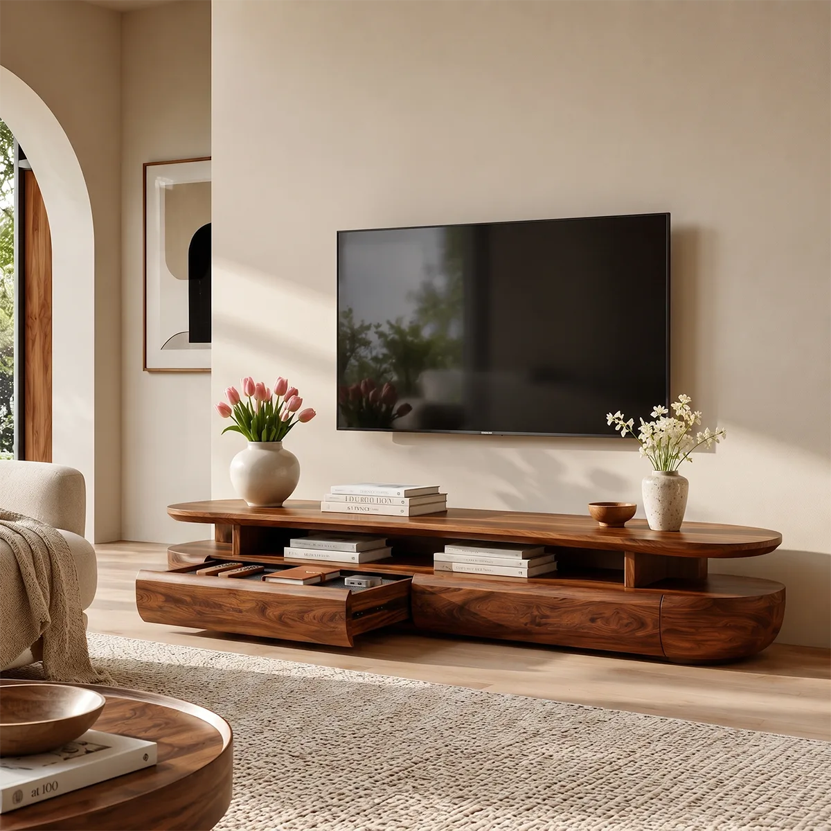 Organic Modern TV Stand with Open Shelf & 2 Drawers | Modern Media Console TT006-1JRE9PZ