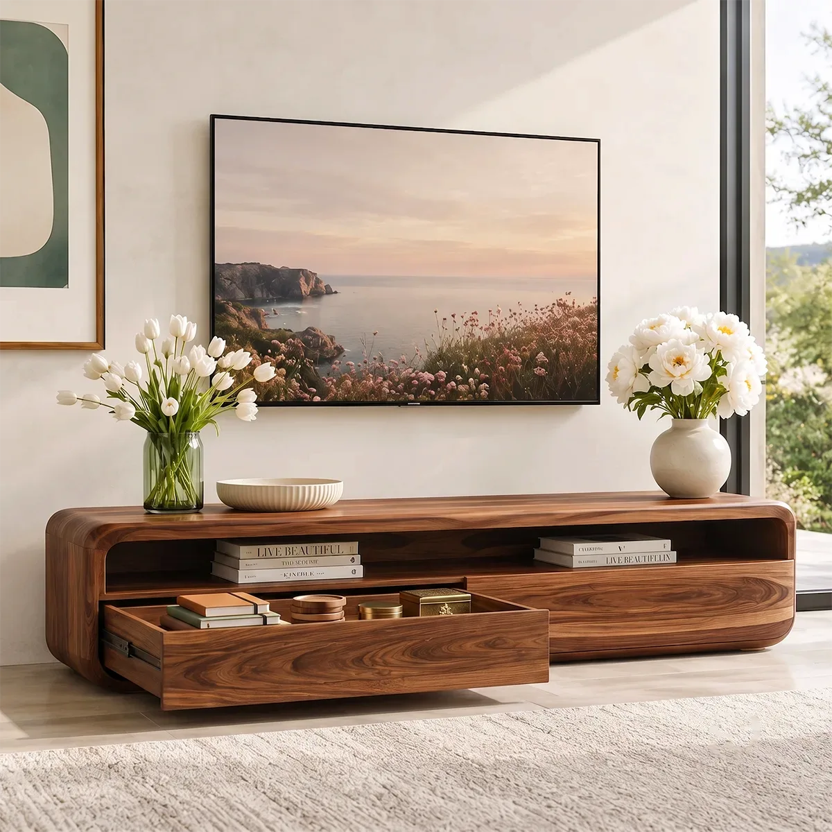 Modern TV Stand with Open Shelf & 2 Large Drawers | Minimalist Media Console TT006-2PMS8ZG