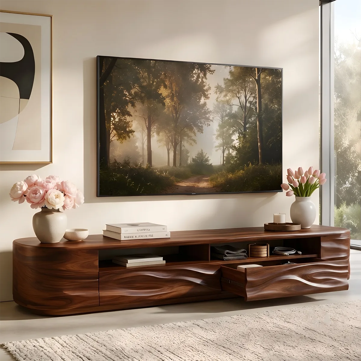 Modern TV Stand with Open Display Shelf & Wave Front Drawers TT006-6OLZ4XW