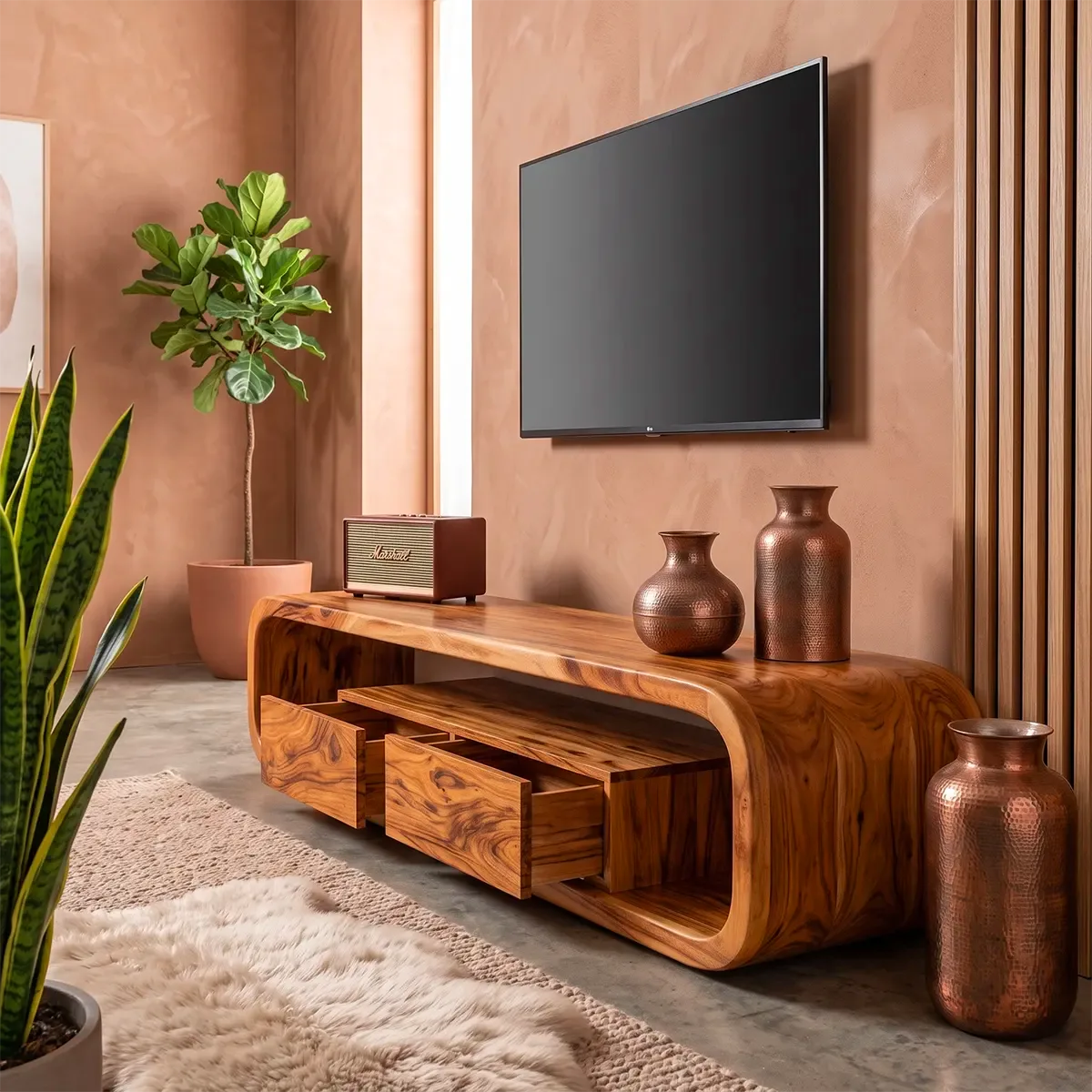 Modern Curved TV Stand with 2 Drawers & Open Storage | Low Profile Media Console