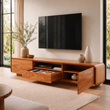 Modern Curved TV Stand with Drawer, Cabinet & Open Shelf | Low Profile Media Console