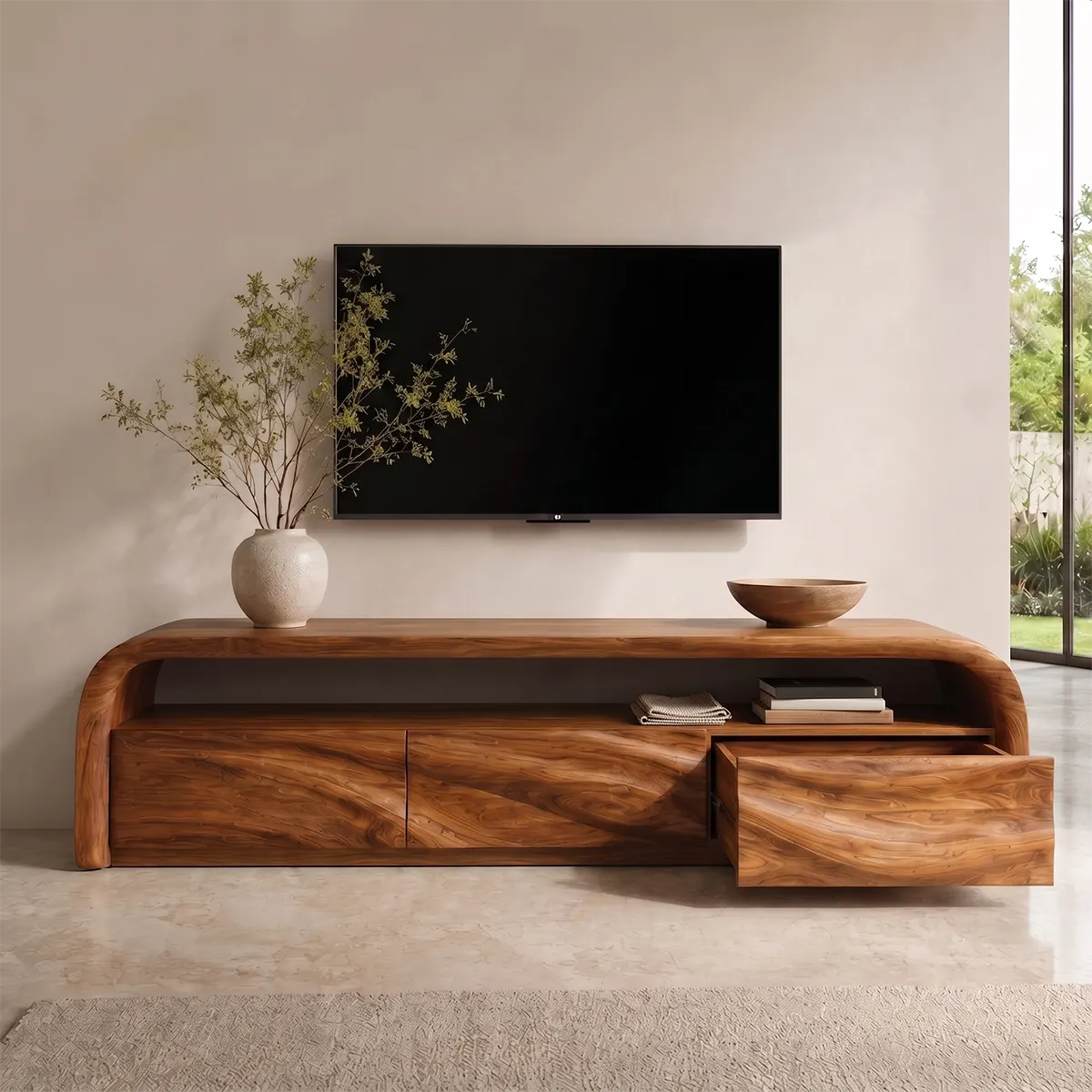 Modern Organic TV Stand with Sculpted Cabinets | Open Media Console TT006-8LGO4IB
