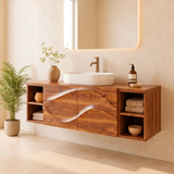 Floating Bathroom Vanity with 2 Carved Wave Doors & 4 Open Storage Compartments