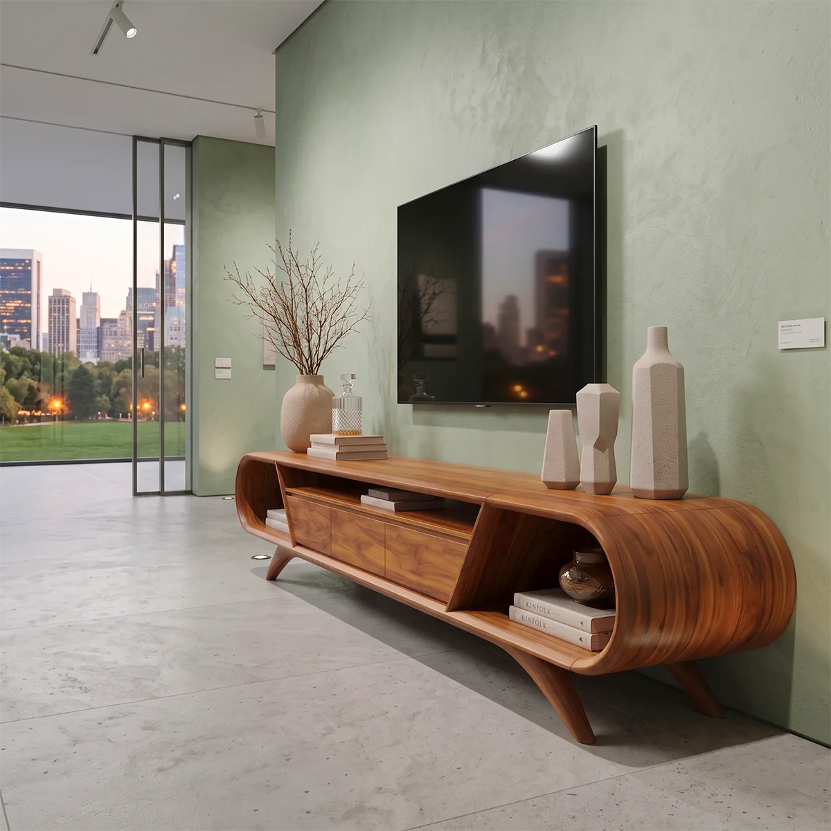 Modern Curved TV Stand with 3 Drawers & 3 Open Storage Areas | Sculptural Media Console