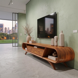 Modern Curved TV Stand with 3 Drawers & 3 Open Storage Areas | Sculptural Media Console