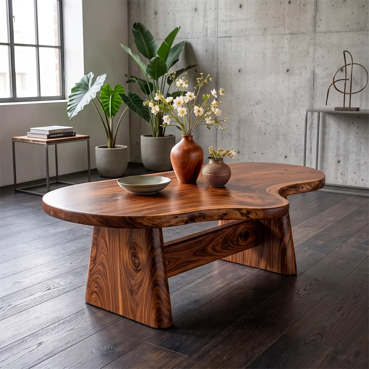 Organic Solid Wood Coffee Table | Live Edge Modern Center Table with Sculptural Base TT006-5632