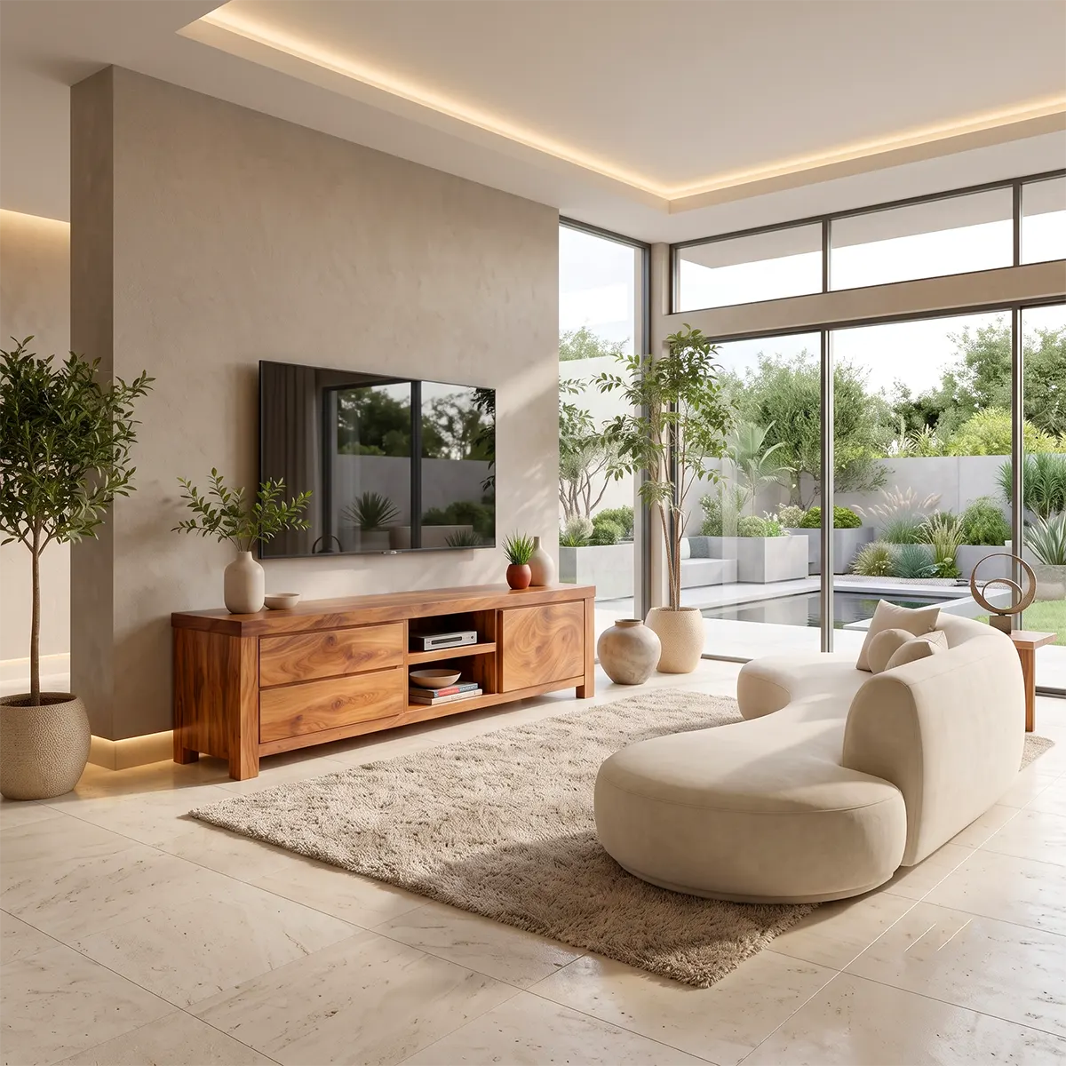 Modern TV Stand with 2 Drawers, Open Shelves & Enclosed Cabinet | Contemporary Media Console