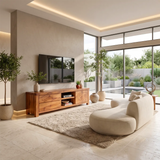 Modern TV Stand with 2 Drawers, Open Shelves & Enclosed Cabinet | Contemporary Media Console