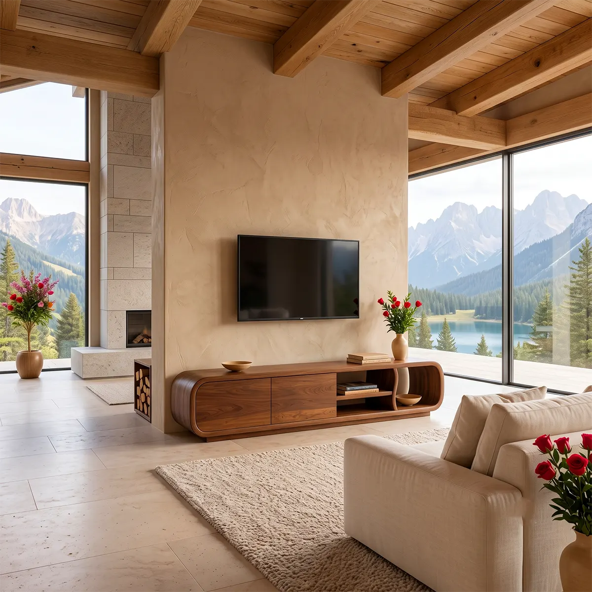 Modern Curved TV Stand with 2 Concealed Storage Compartments & Open Shelving | Sculptural Media Console