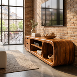 Sculptural Curved TV Stand with 2 Drawers & Open Shelves | Modern Low Profile Media Console
