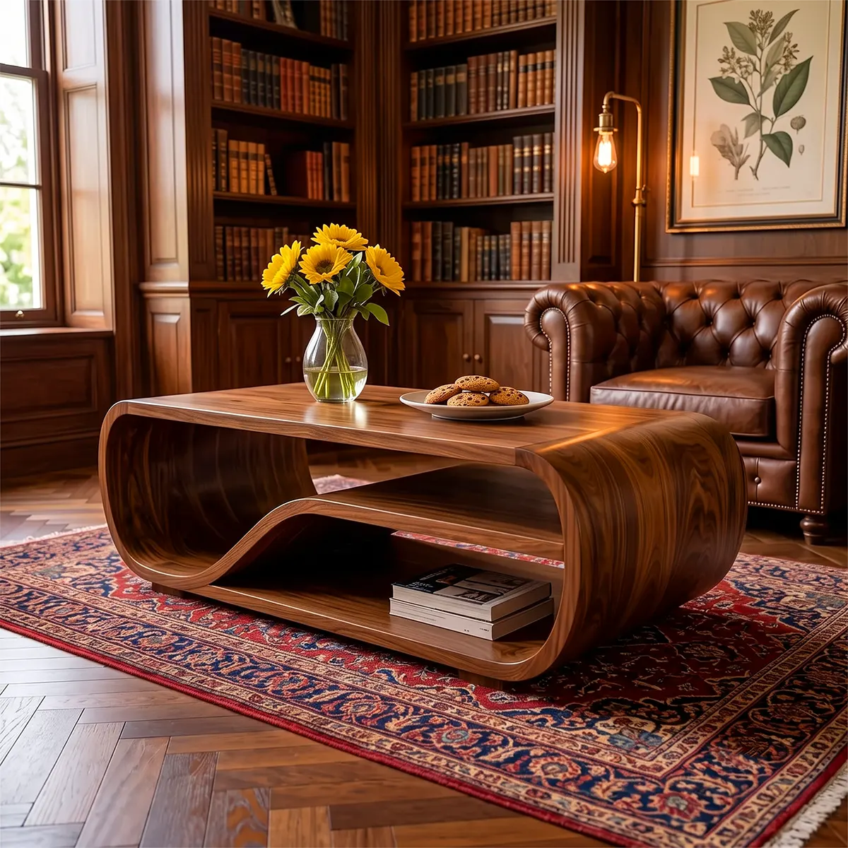Curved Solid Wood Coffee Table with Storage | Modern Sculptural Living Room Center Table TT006-2757