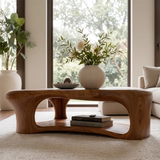 Organic Shape Coffee Table with Storage Shelf | Sculptural Solid Wood Living Room Table TT006-3938