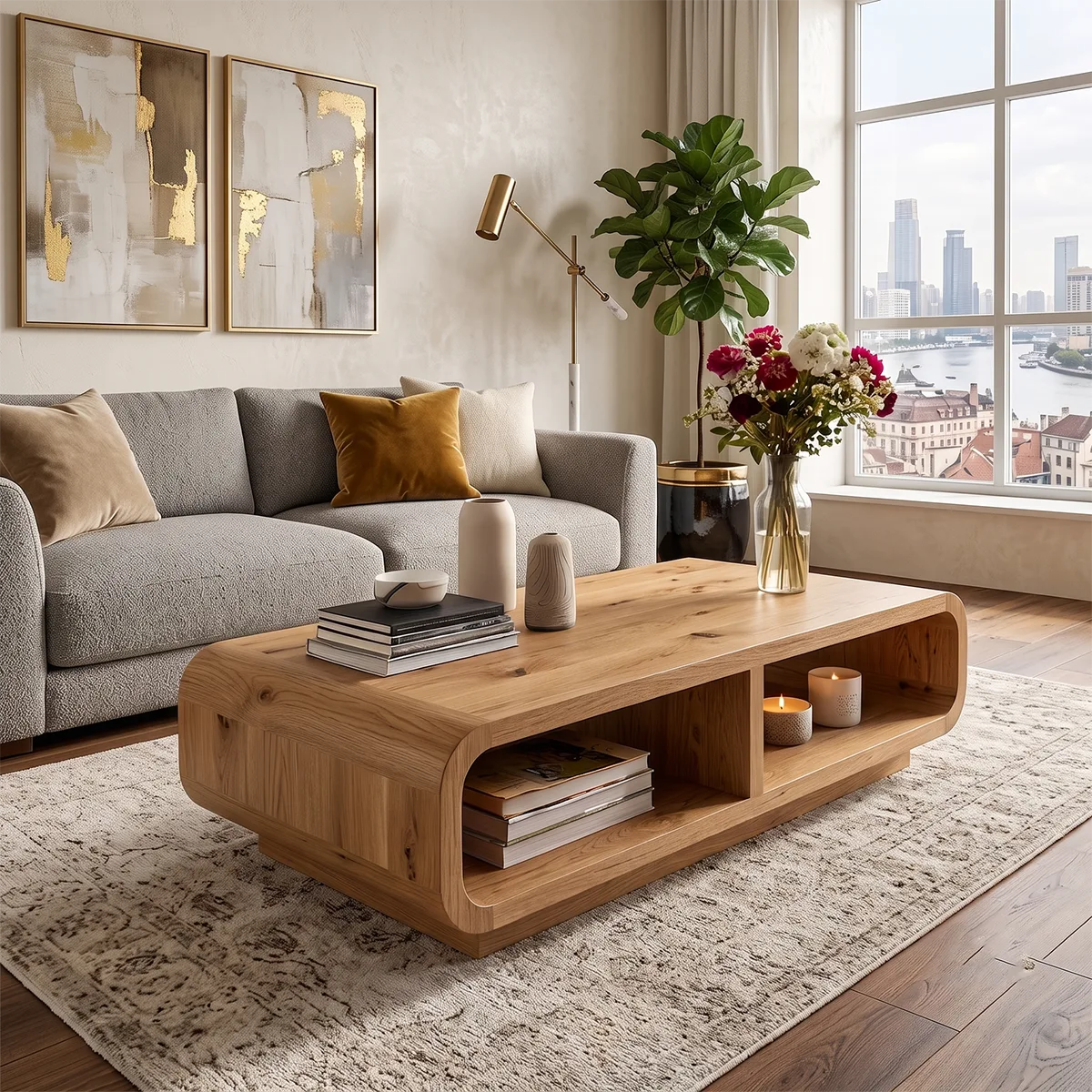 Modern Rectangular Coffee Table with Open Shelf | Rounded Edge Living Room Center Table