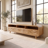 Wave Carved TV Stand with 3 Drawers & Open Shelves | Modern Media Console TH003-5GTN4YH
