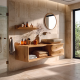 Floating Bathroom Vanity with Sculpted Cabinet & Open Shelf | Modern Wall Mounted Vanity