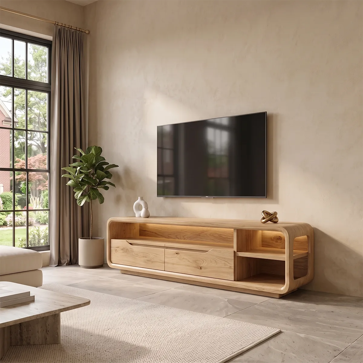 Curved TV Stand with 2 Drawers & Open Shelves | Modern Media Console TH003-5KNE4OQ