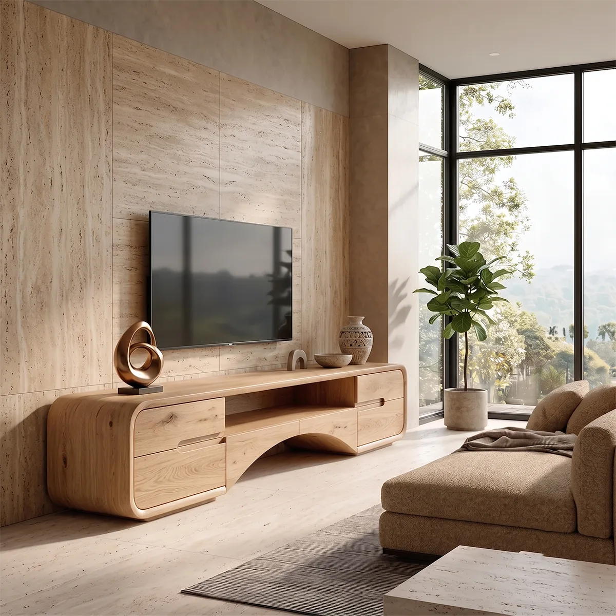 Modern TV Stand with 4 Cabinets & Open Shelves | Organic Media Console TH003-2UWX3PR