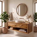 Floating Bathroom Vanity with 2 Sculpted Wave Drawers & Large Open Storage Shelf