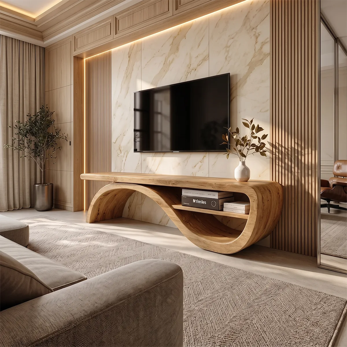 Organic Modern Sculptural TV Stand with Curved Open Shelf | Designer Media Console TH003-9FXK3JC