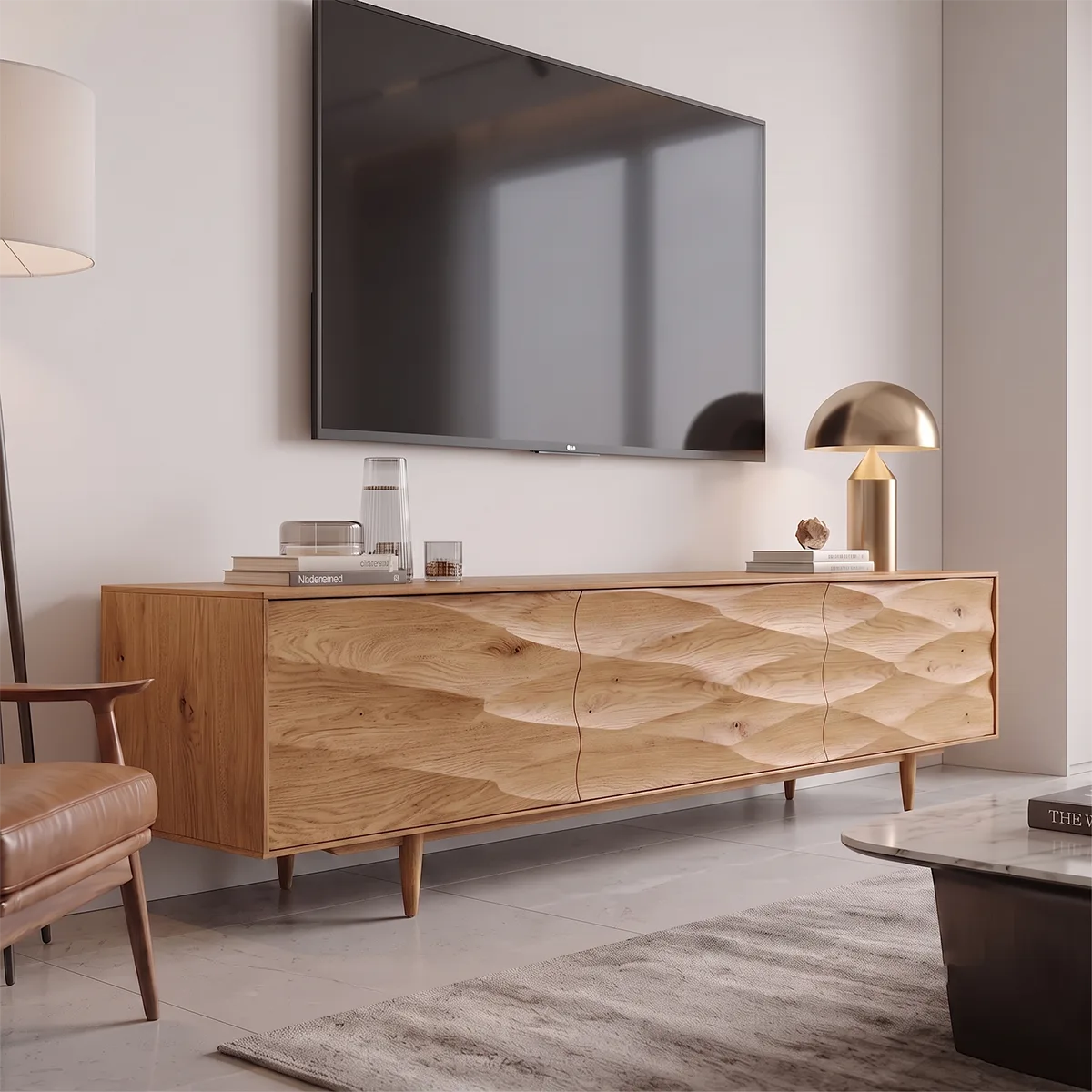 Sculptural Wave 3-Door TV Stand | Modern Carved Media Console