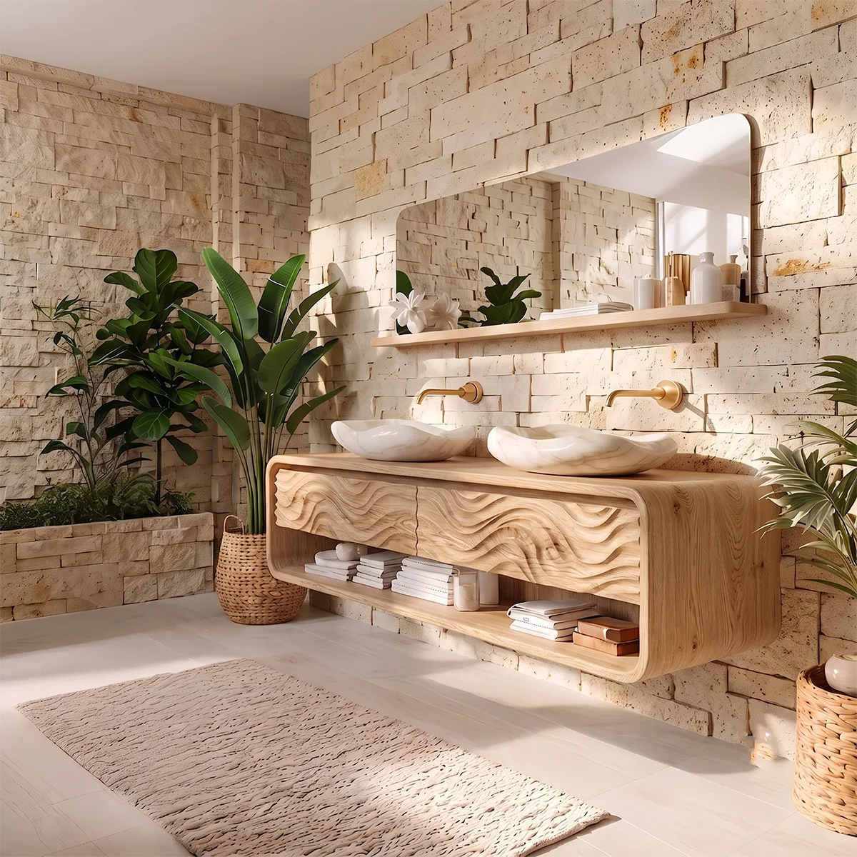 Modern Floating Bathroom Vanity with Drawers & Open Shelf | Wall-Mounted Vanity with Rounded Waterfall Design TH003-4NBY6SF