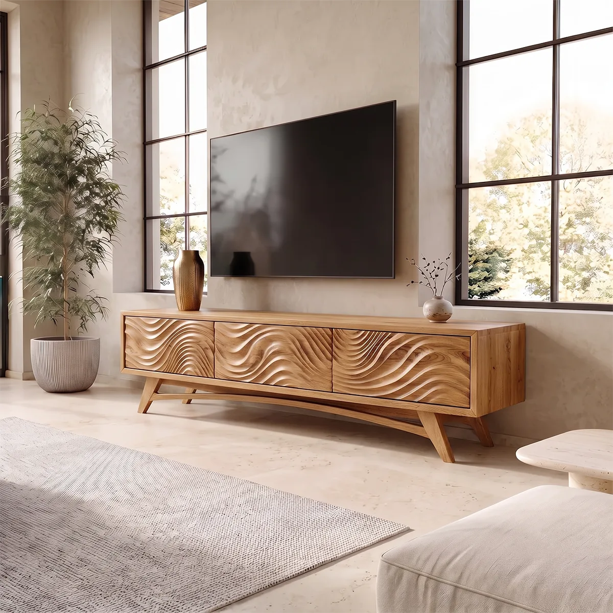Carved Wave TV Stand with 3 Cabinets | Sculptural Modern Media Console TH003-1PAI9SF