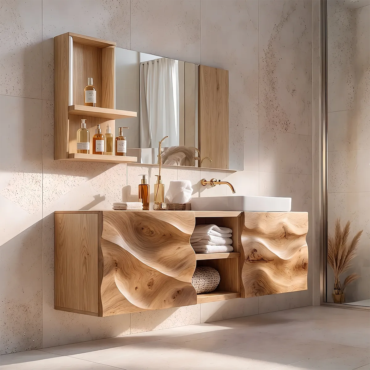 Modern Floating Bathroom Vanity with Sculpted Wave Front | Wall Mounted Bathroom Vanity TH003-3JBW4WW
