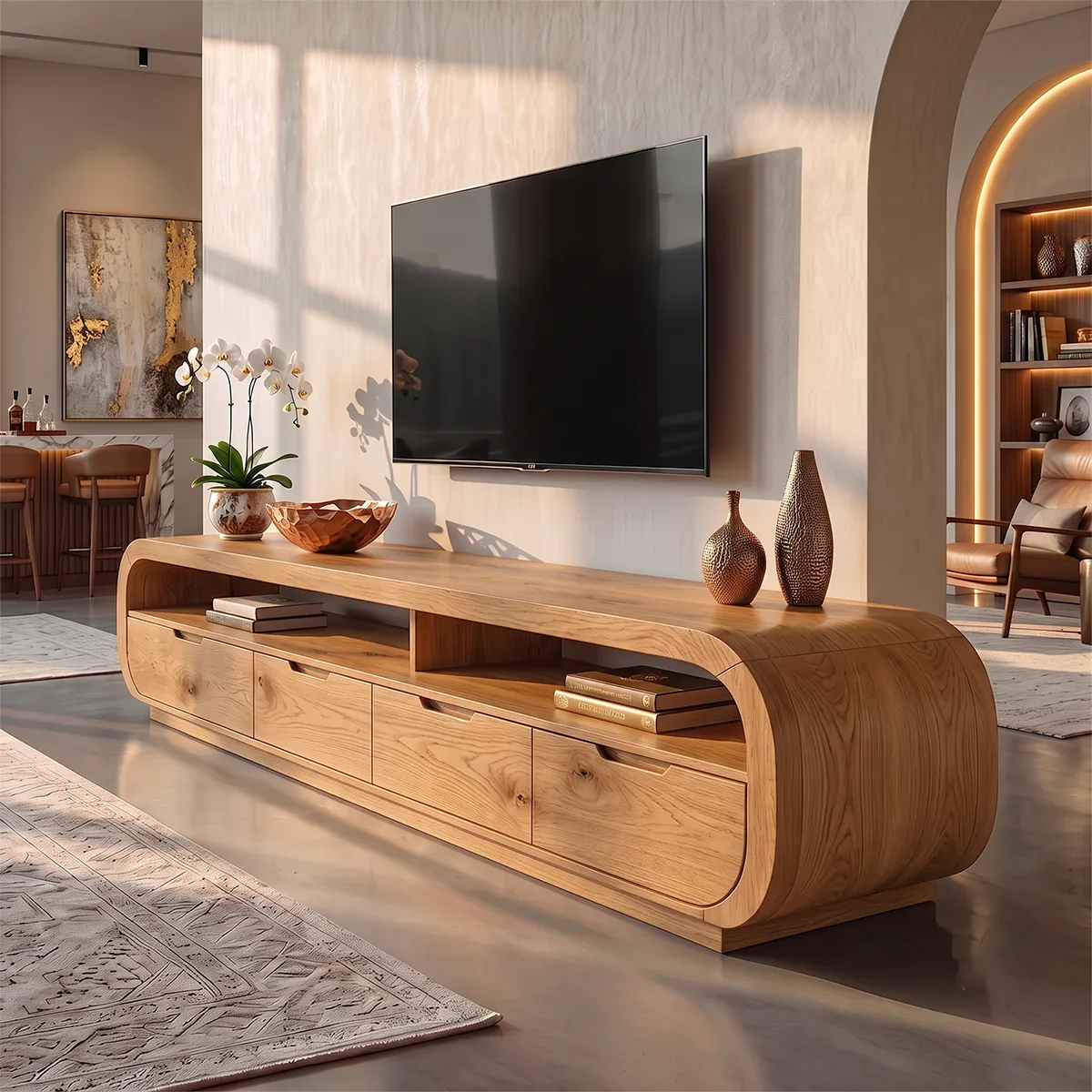 Rounded TV Stand with 4 Drawers & Open Shelves | Modern Media Console