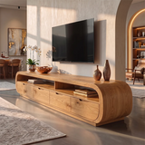 Rounded TV Stand with 4 Drawers & Open Shelves | Modern Media Console