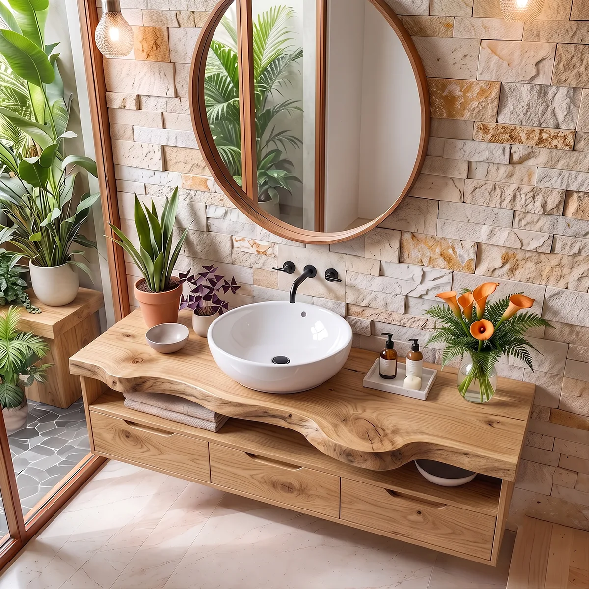 Organic Live Edge Floating Bathroom Vanity with Open Shelf & Drawers TH003-7JMQ3EG