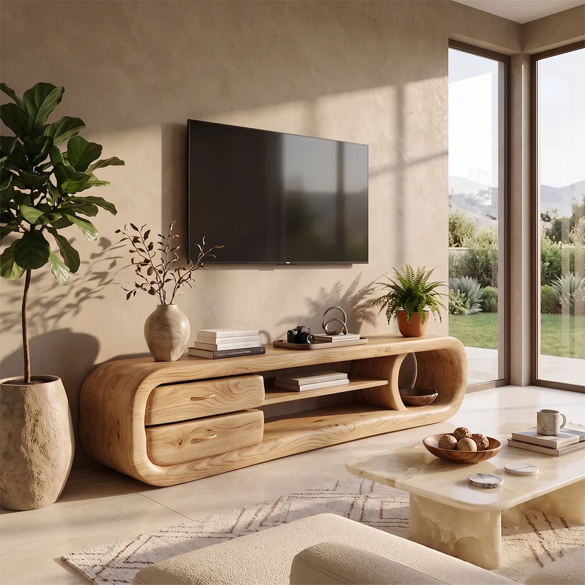 Organic Modern TV Stand with Sculptural Frame & Storage Drawers | Designer Media Console TH003-6JMS7OZ