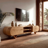 Curved 2-Door TV Stand with Open Shelves | Sculptural Modern Media Console