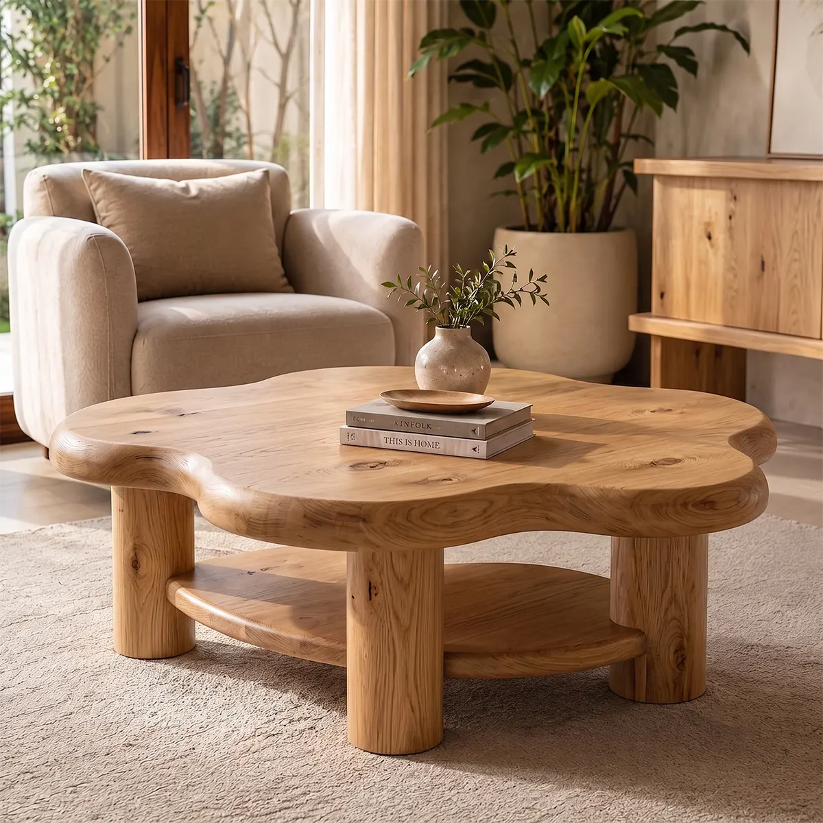 Organic Solid Wood Coffee Table with Storage Shelf | Rustic Modern Living Room Table TT006-5021
