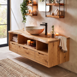 Live Edge Floating Bathroom Vanity with 3 Drawers & Open Storage Shelves | Modern Wall Mounted Vanity